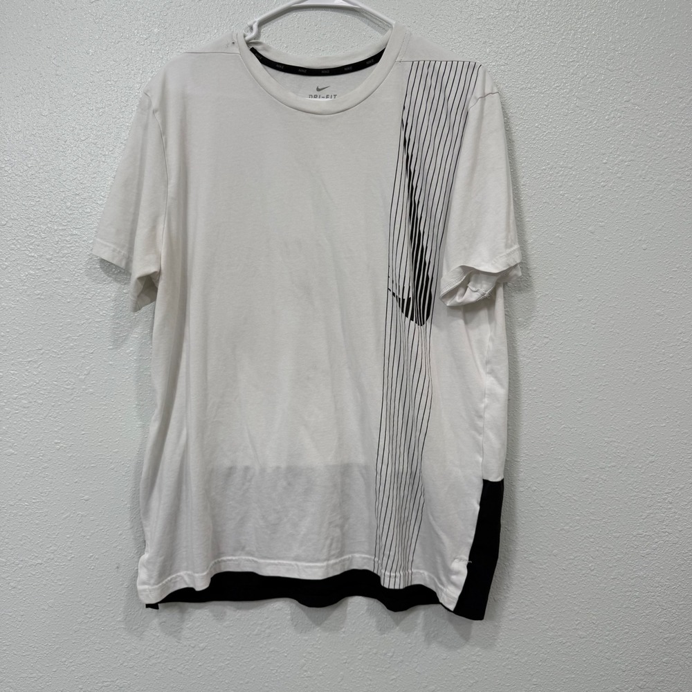 Nike Dri-FIT Mens XL White Black Split Swoosh Pinstripe Graphic T-Shirt